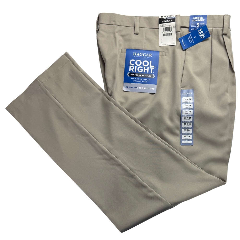 Haggar Cool Right Performance Flex Pleated Classic Fit Pants String 38x34
